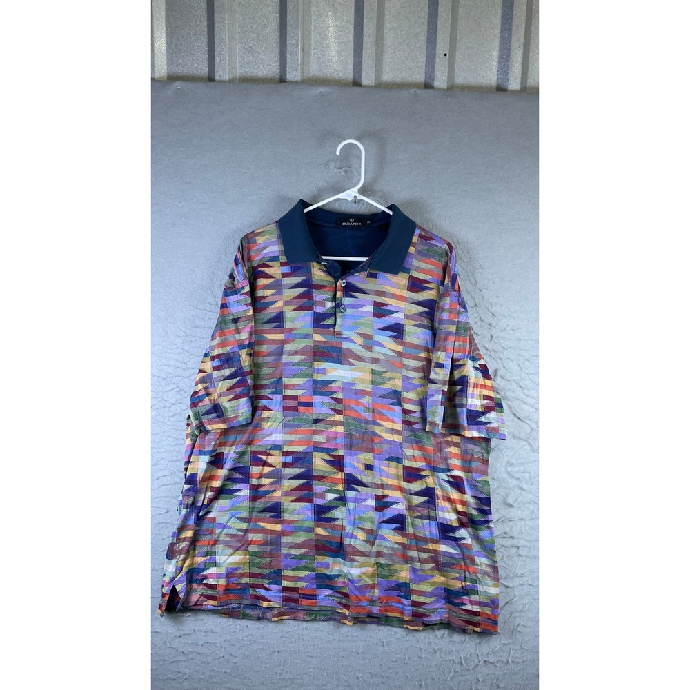 Bugatchi Polo Shirt Mens XXL Multicolor Excellent Geometric Short Sleeve Knit